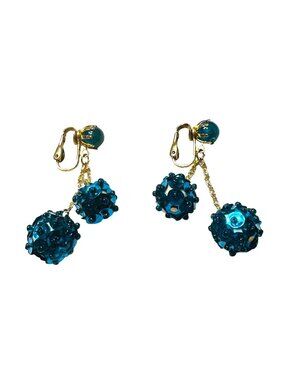 Vintage Teal Blue Sequined Clip-On Earrings Gold Tone Made In Hong Kong